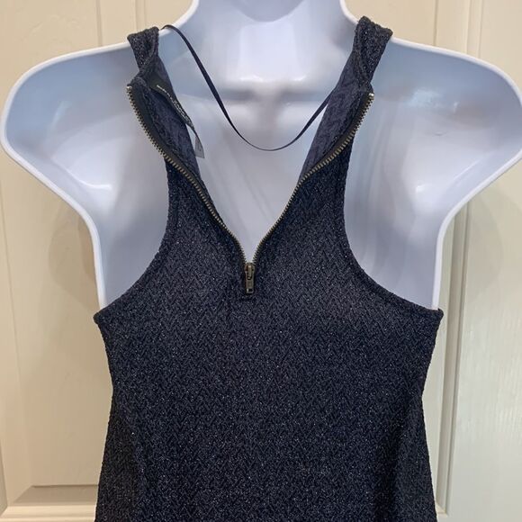Zara Basic Evening Medium Navy Blue Metallic Shimmer Racerback Zipper Sexy Top - Picture 5 of 7